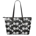 Black And White Cattleya Pattern Print Leather Tote Bag With Zipper