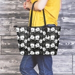 Black And White Cattleya Pattern Print Leather Tote Bag