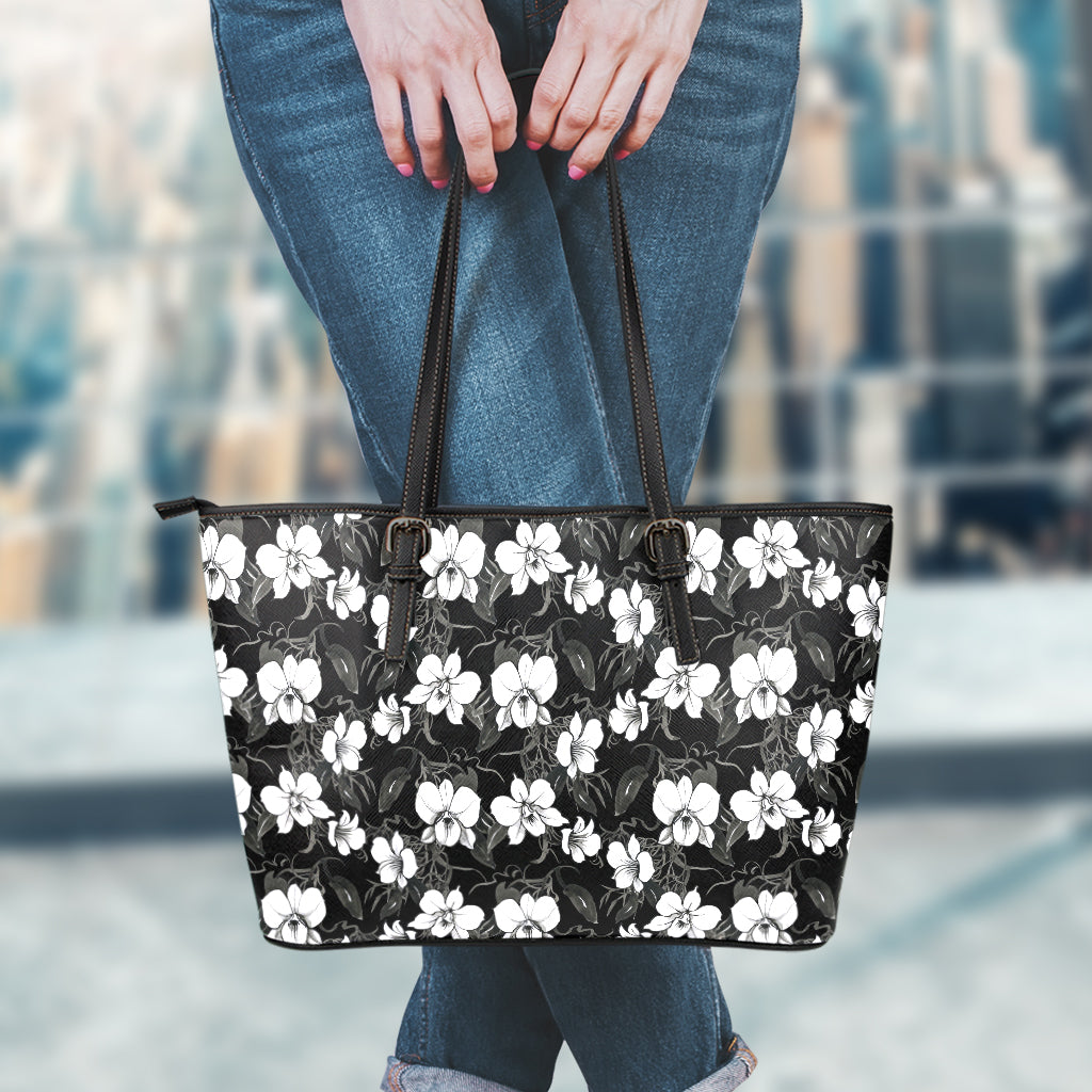 Black And White Cattleya Pattern Print Leather Tote Bag