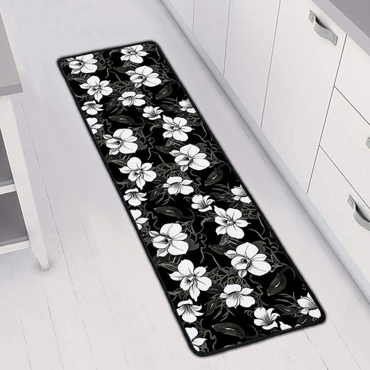 Black And White Cattleya Pattern Print Long Kitchen Mat