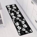 Black And White Cattleya Pattern Print Long Kitchen Mat