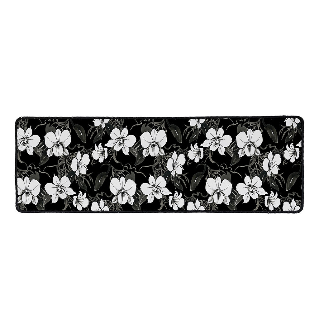 Black And White Cattleya Pattern Print Long Kitchen Mat