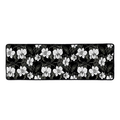 Black And White Cattleya Pattern Print Long Kitchen Mat