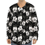 Black And White Cattleya Pattern Print Long Sleeve Baseball Jersey