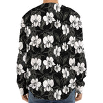 Black And White Cattleya Pattern Print Long Sleeve Baseball Jersey