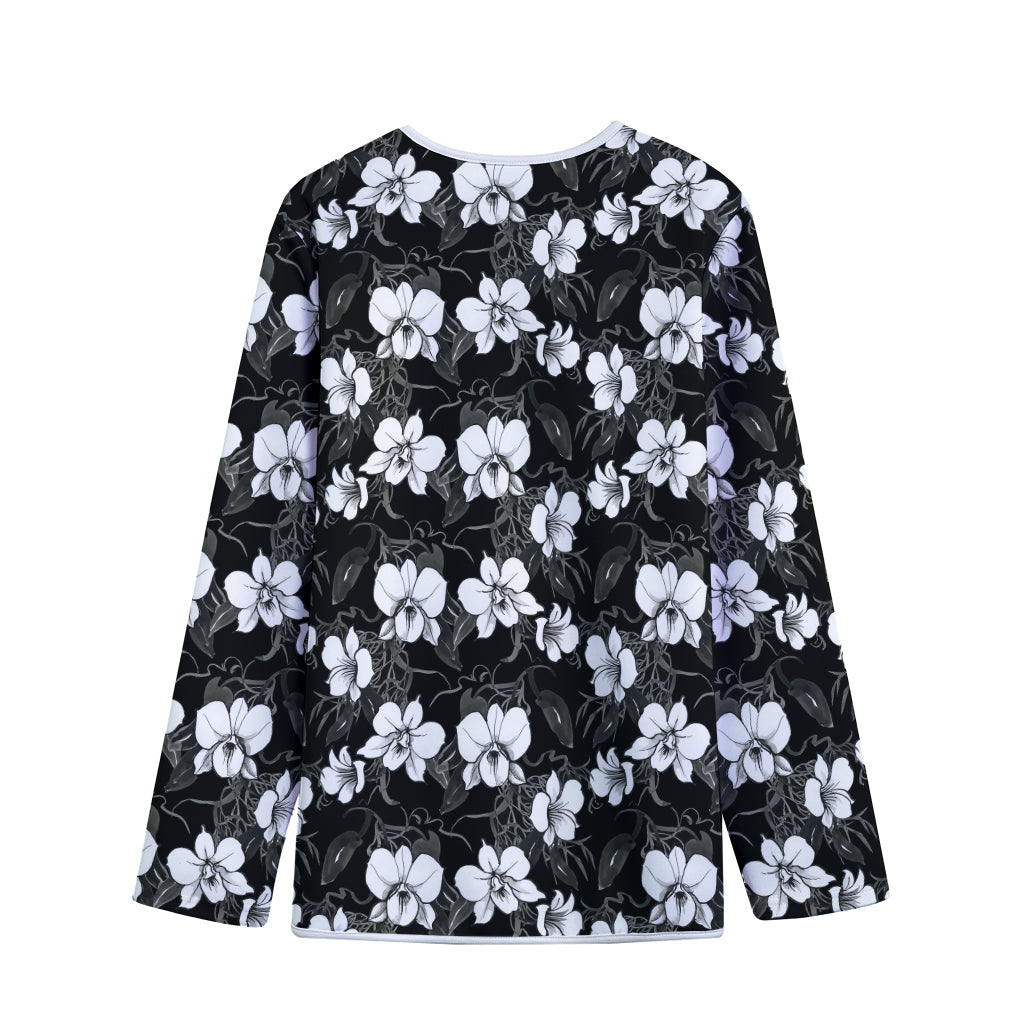 Black And White Cattleya Pattern Print Long Sleeve Short Coat