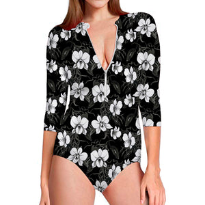 Black And White Cattleya Pattern Print Long Sleeve Swimsuit