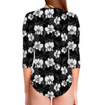 Black And White Cattleya Pattern Print Long Sleeve Swimsuit