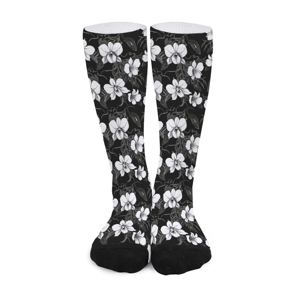 Black And White Cattleya Pattern Print Long Socks