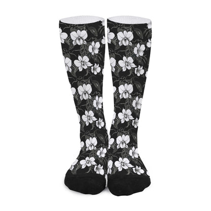 Black And White Cattleya Pattern Print Long Socks