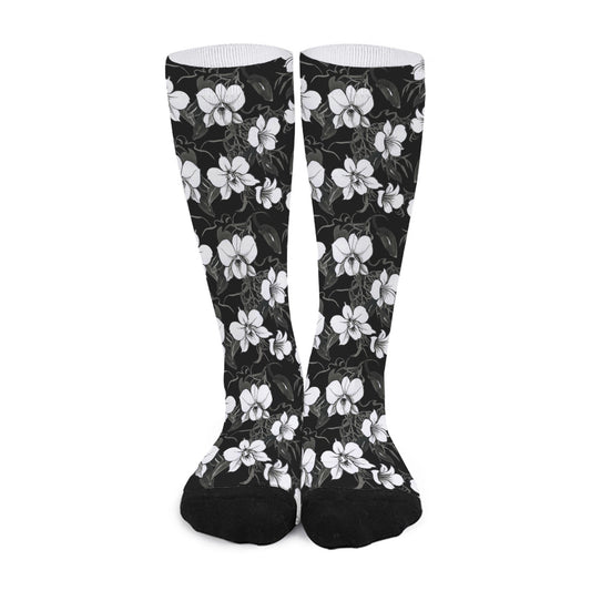 Black And White Cattleya Pattern Print Long Socks