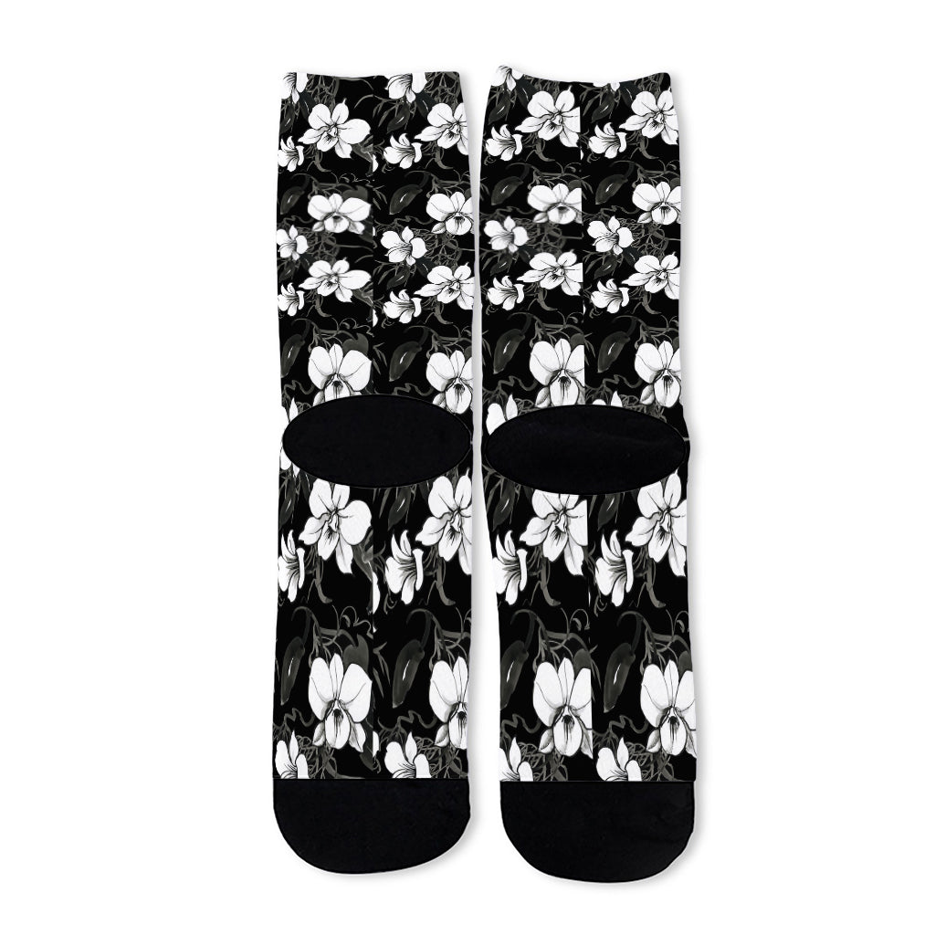 Black And White Cattleya Pattern Print Long Socks