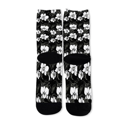 Black And White Cattleya Pattern Print Long Socks
