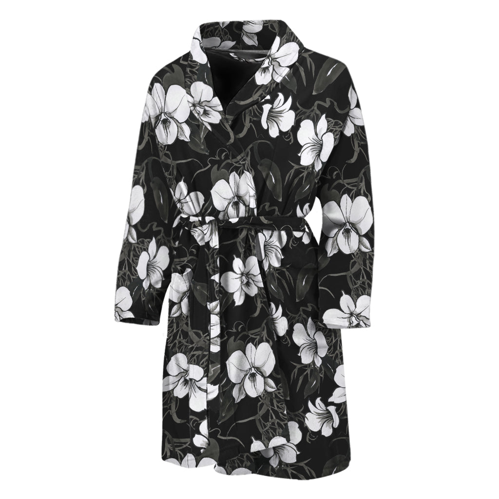 Black And White Cattleya Pattern Print Men's Bathrobe