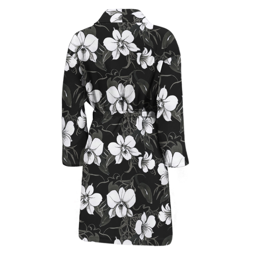 Black And White Cattleya Pattern Print Men's Bathrobe