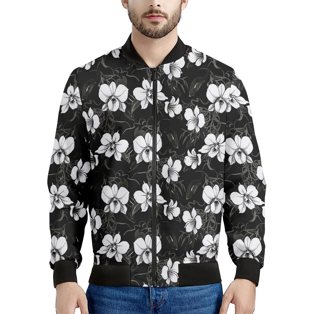 Black And White Cattleya Pattern Print Men's Bomber Jacket