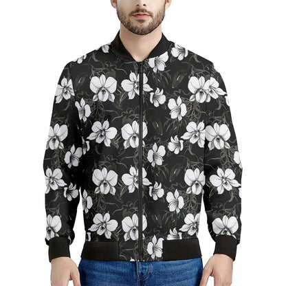 Black And White Cattleya Pattern Print Men's Bomber Jacket