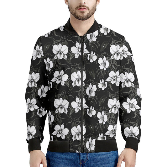 Black And White Cattleya Pattern Print Men's Bomber Jacket