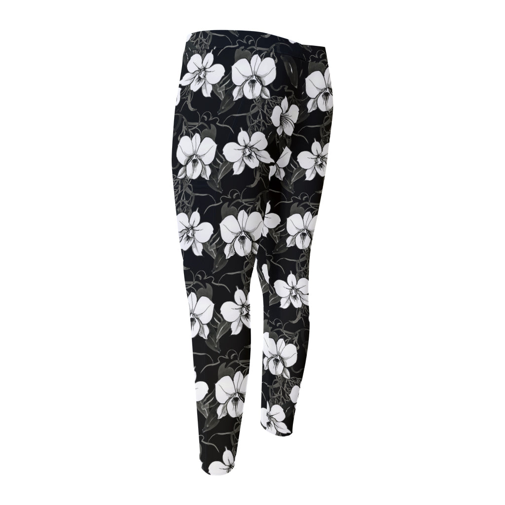 Black And White Cattleya Pattern Print Men's Compression Pants