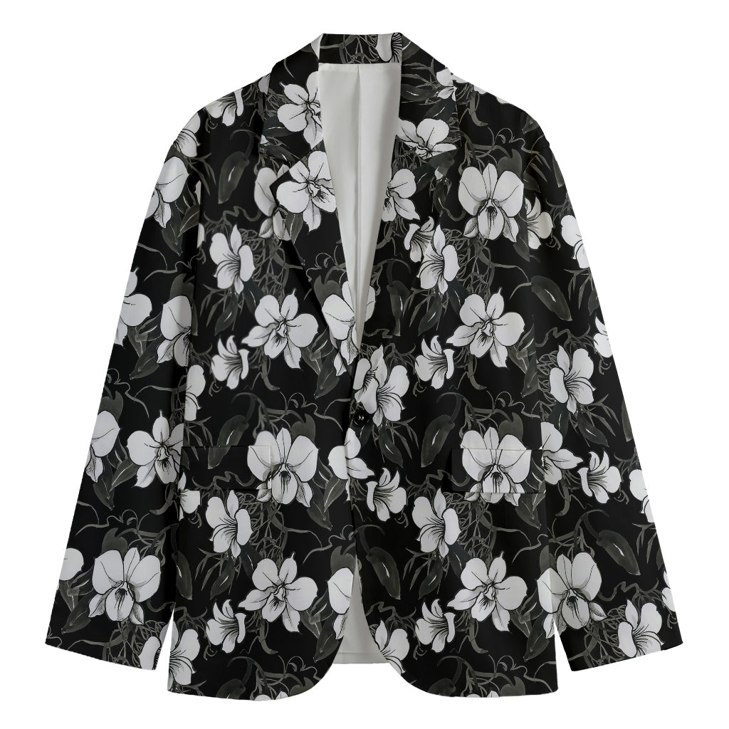 Black And White Cattleya Pattern Print Men's Cotton Blazer