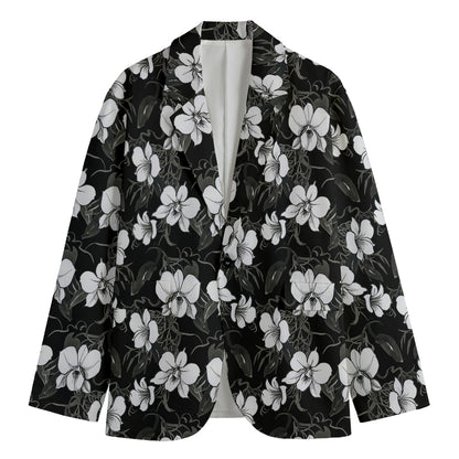 Black And White Cattleya Pattern Print Men's Cotton Blazer