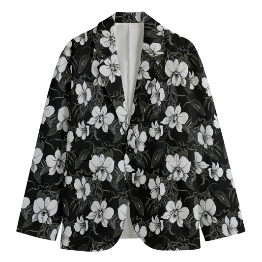 Black And White Cattleya Pattern Print Men's Cotton Blazer