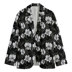Black And White Cattleya Pattern Print Men's Cotton Blazer