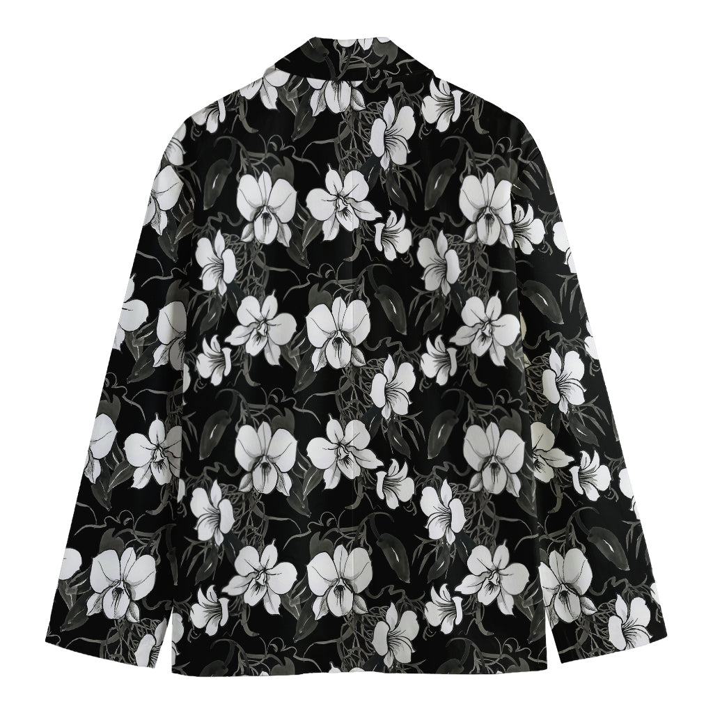 Black And White Cattleya Pattern Print Men's Cotton Blazer