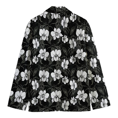 Black And White Cattleya Pattern Print Men's Cotton Blazer