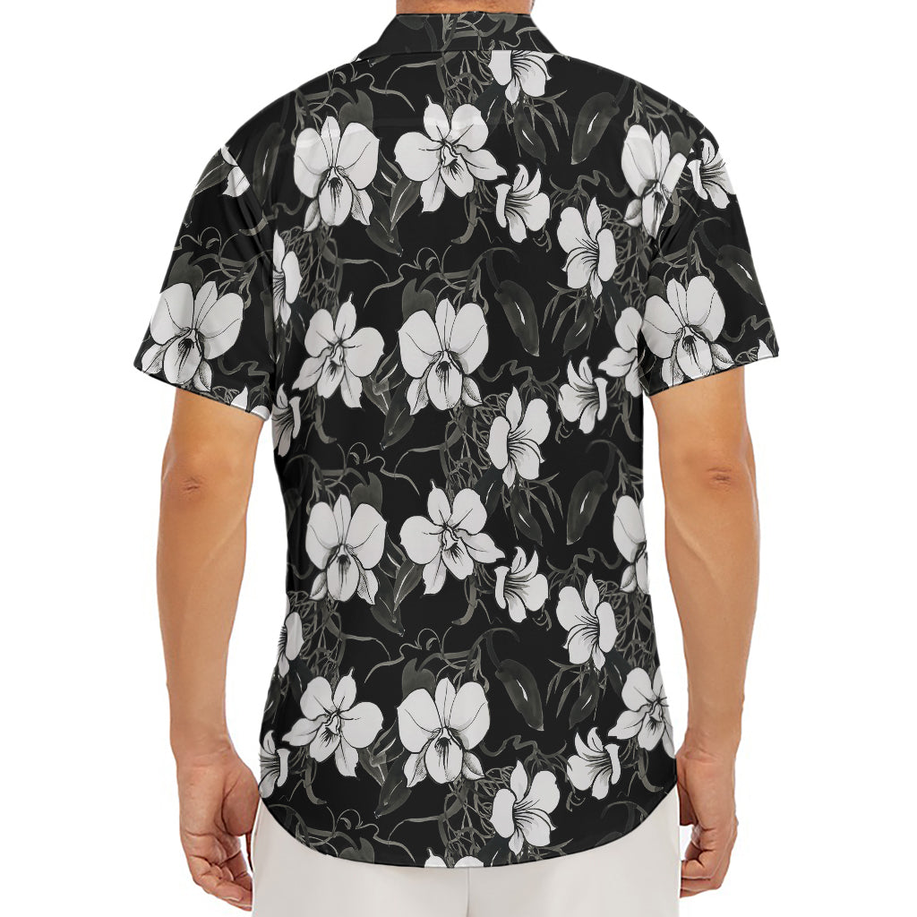 Black And White Cattleya Pattern Print Men's Deep V-Neck Shirt