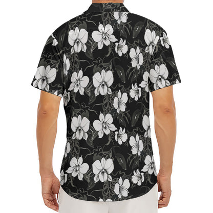 Black And White Cattleya Pattern Print Men's Deep V-Neck Shirt