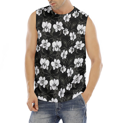 Black And White Cattleya Pattern Print Men's Fitness Tank Top