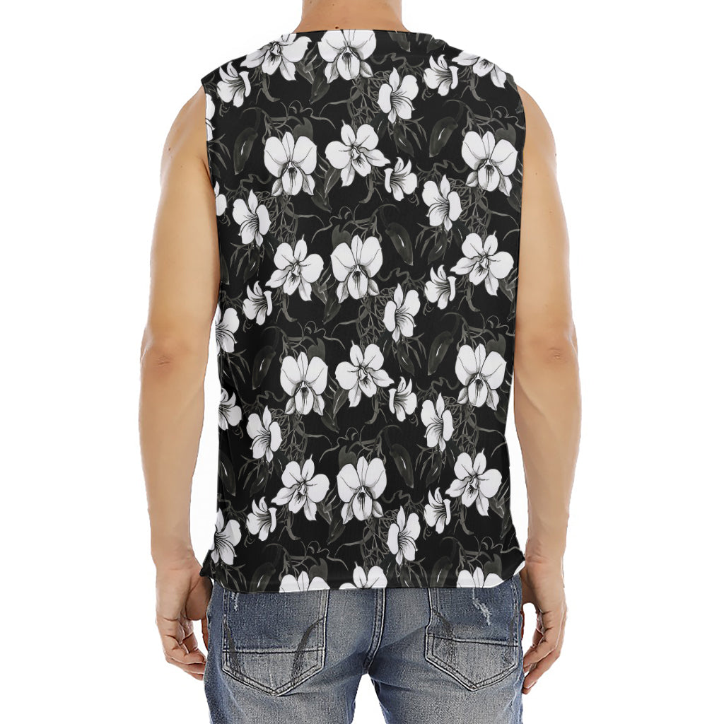 Black And White Cattleya Pattern Print Men's Fitness Tank Top