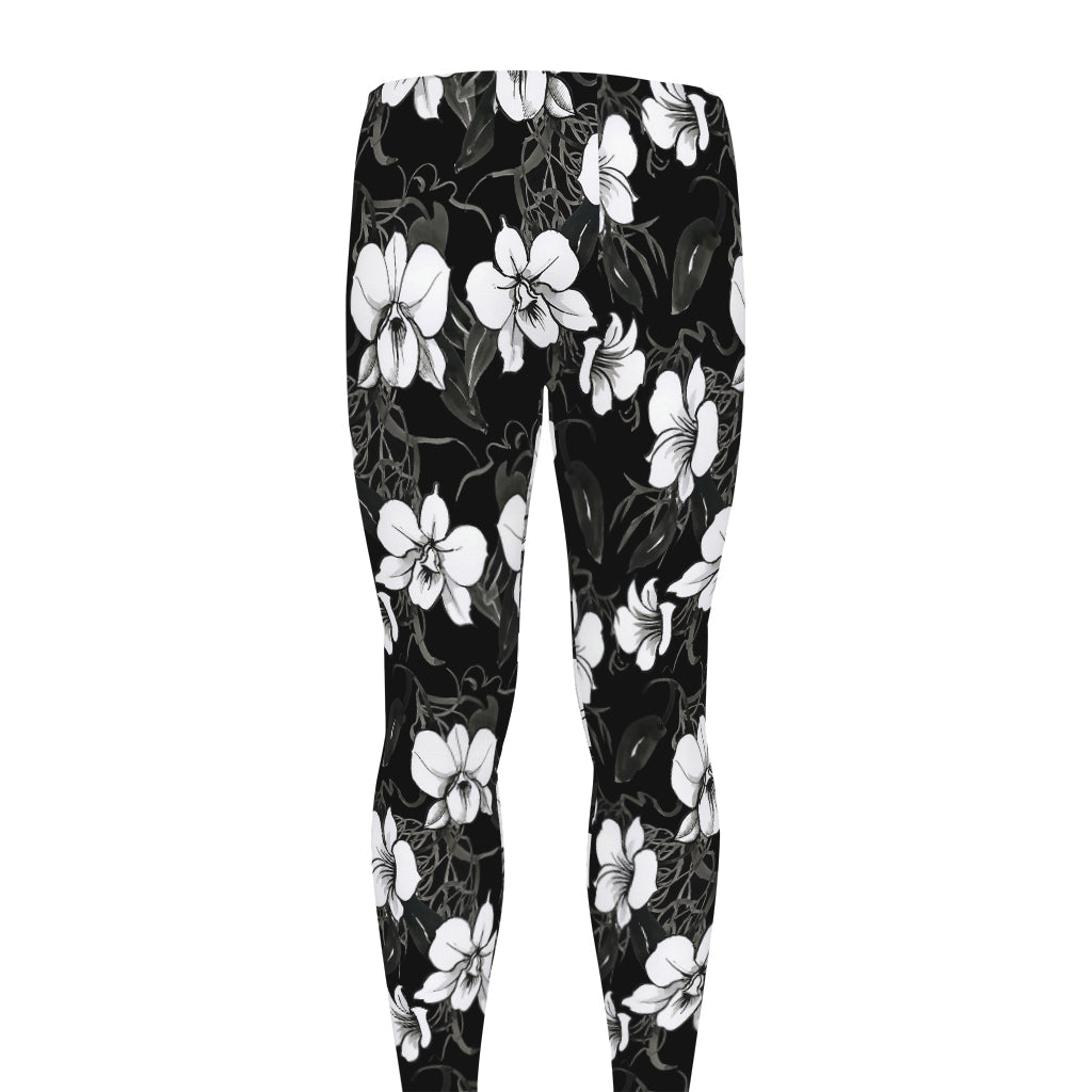 Black And White Cattleya Pattern Print Men's leggings