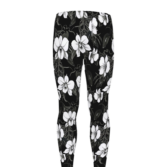 Black And White Cattleya Pattern Print Men's leggings