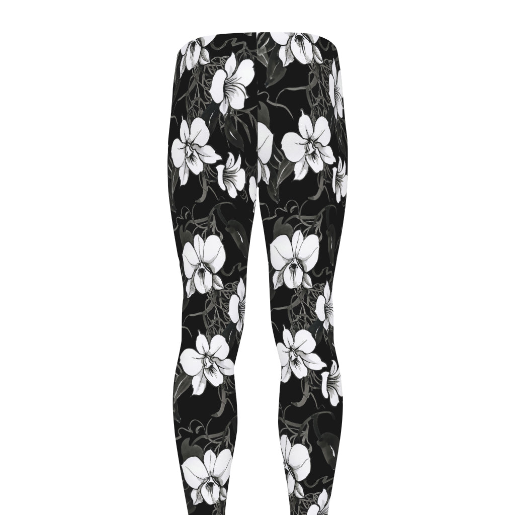 Black And White Cattleya Pattern Print Men's leggings