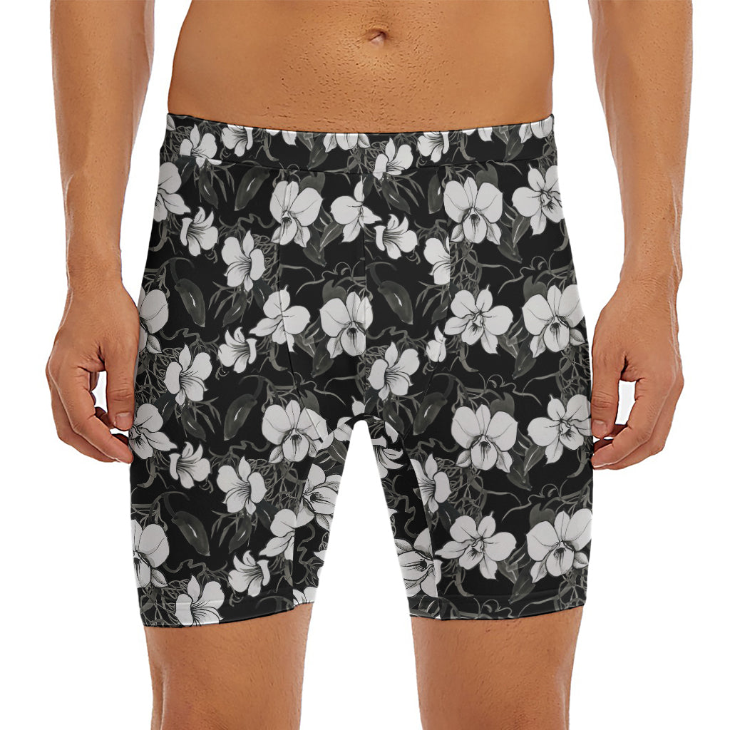 Black And White Cattleya Pattern Print Men's Long Boxer Briefs