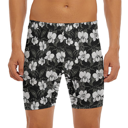 Black And White Cattleya Pattern Print Men's Long Boxer Briefs