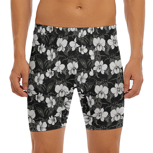 Black And White Cattleya Pattern Print Men's Long Boxer Briefs