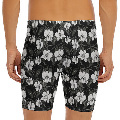 Black And White Cattleya Pattern Print Men's Long Boxer Briefs