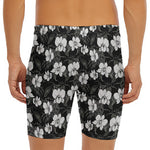 Black And White Cattleya Pattern Print Men's Long Boxer Briefs