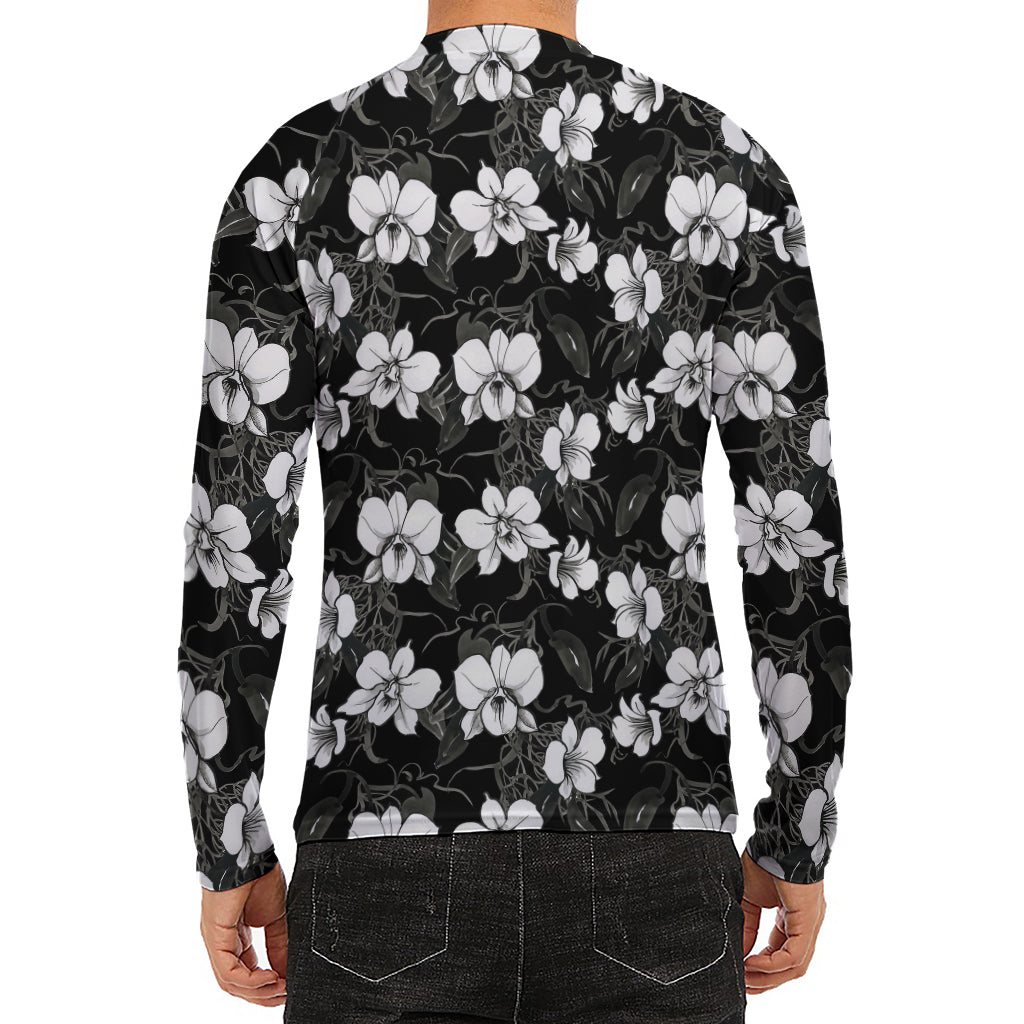 Black And White Cattleya Pattern Print Men's Long Sleeve Rash Guard