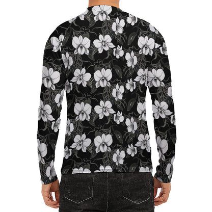 Black And White Cattleya Pattern Print Men's Long Sleeve Rash Guard
