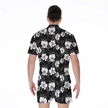 Black And White Cattleya Pattern Print Men's Rompers