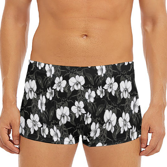 Black And White Cattleya Pattern Print Men's Short Boxer Briefs