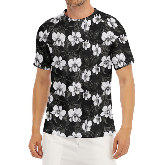 Black And White Cattleya Pattern Print Men's Short Sleeve Rash Guard