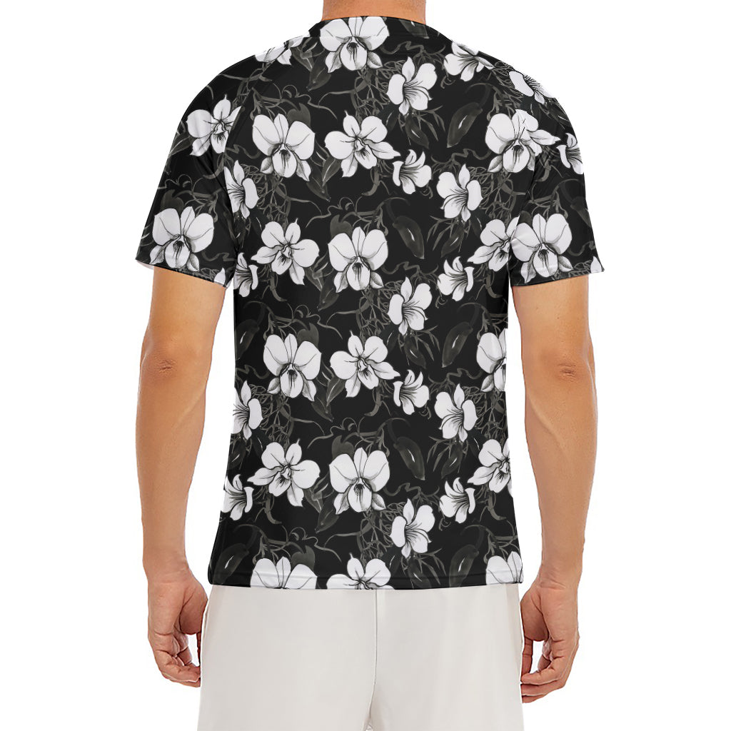 Black And White Cattleya Pattern Print Men's Short Sleeve Rash Guard