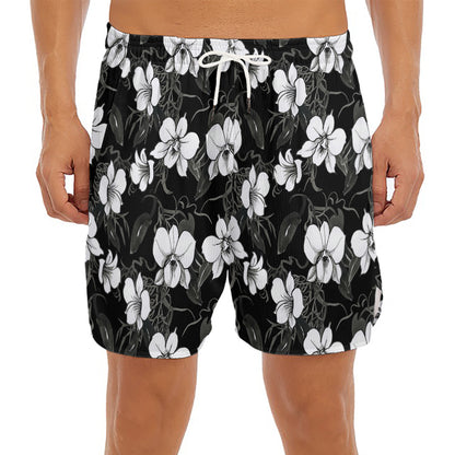 Black And White Cattleya Pattern Print Men's Split Running Shorts