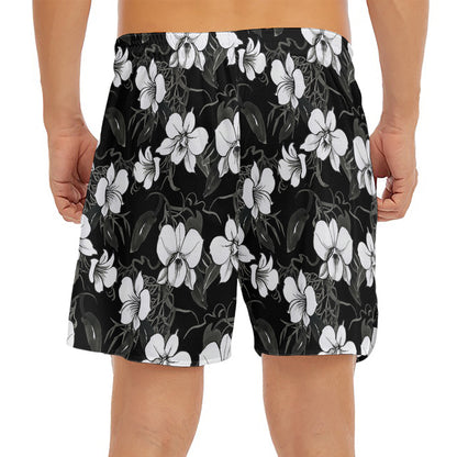 Black And White Cattleya Pattern Print Men's Split Running Shorts