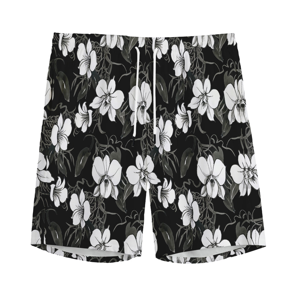 Black And White Cattleya Pattern Print Men's Sports Shorts